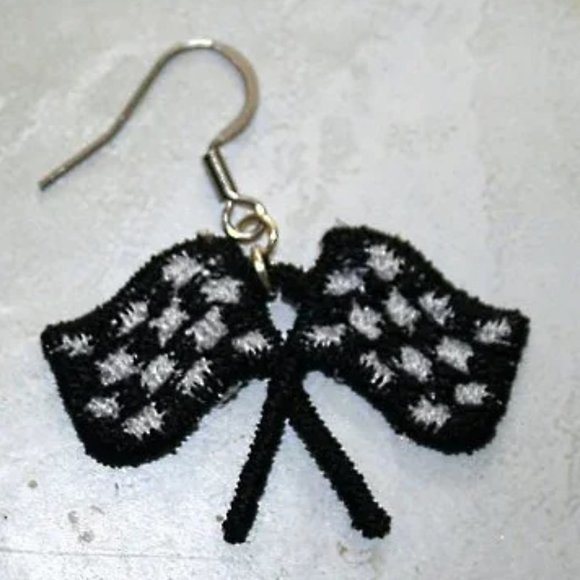 HAND CRAFTED Earrings Race Checkered Flags Embroidered Lace Pierced Pair - Picture 2 of 8